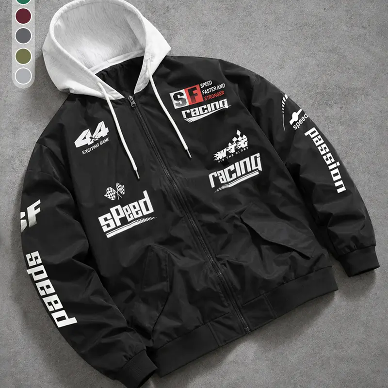 Men’s Letter Print Casual Jacket — Drapey, Wrinkle-Resistant fabric ; Color-Blocked Design with Hood and Drawstring; Retro Racing Style; Perfect for Going Out, Commuting, and Dates; A Stylish, Versatile Outerwear Piece