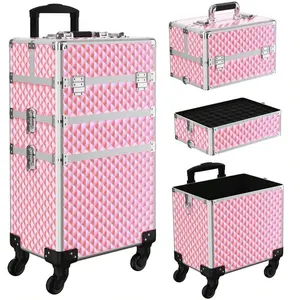 Rolling Makeup Train Case 3 In1 Cosmetic Trolley Organizer Travel Case Lockable Salon Barber Case Traveling Cart Trunk With Detachable Removable Wheels For Makeup Artist Travel Nail, Makeup Organizer Gift For Her/ Girlfriend / Mother/ Lover (PINK)