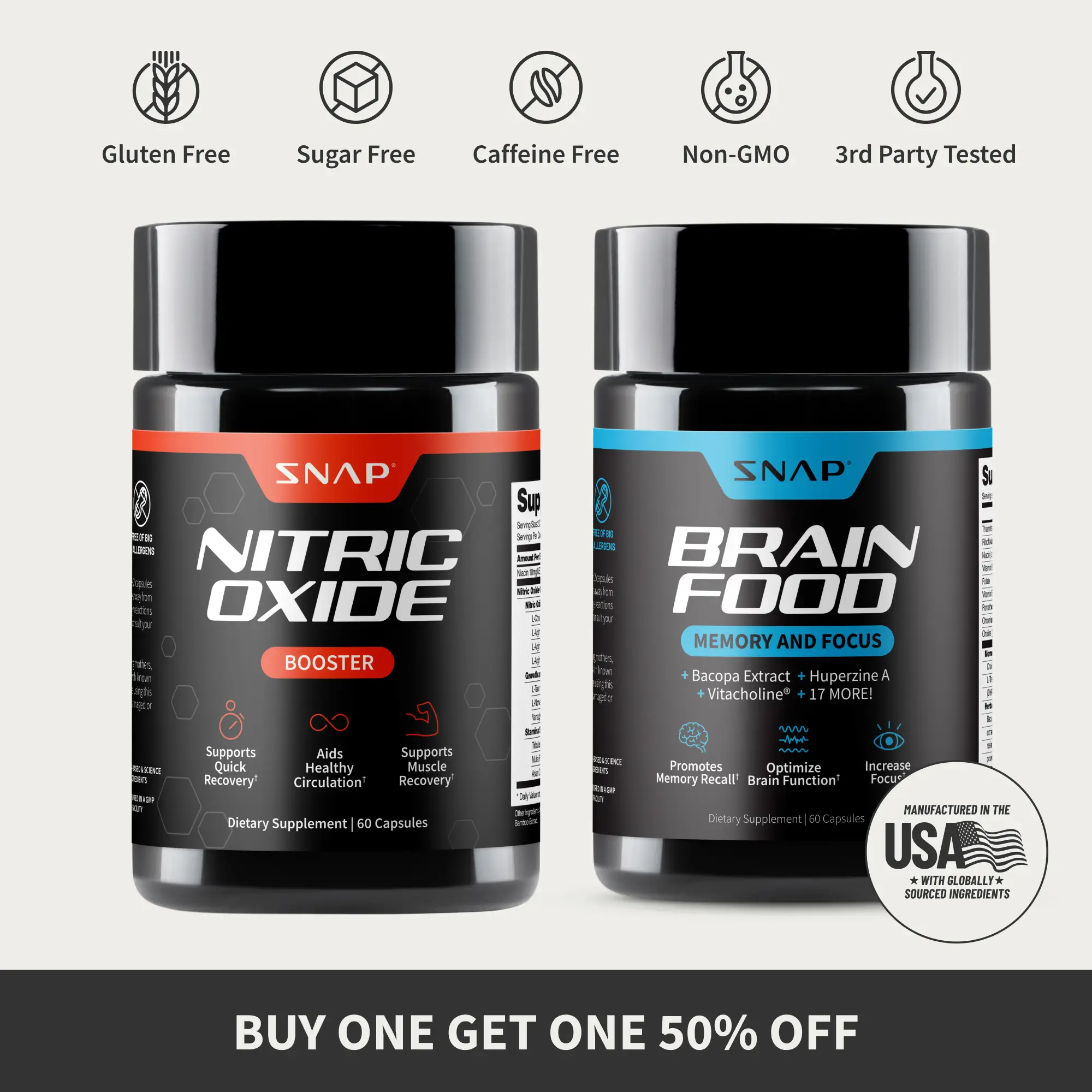 Snap Supplements - Nitric Oxide Booster 60ct + Brain Food Bundle - Natural Suppl...