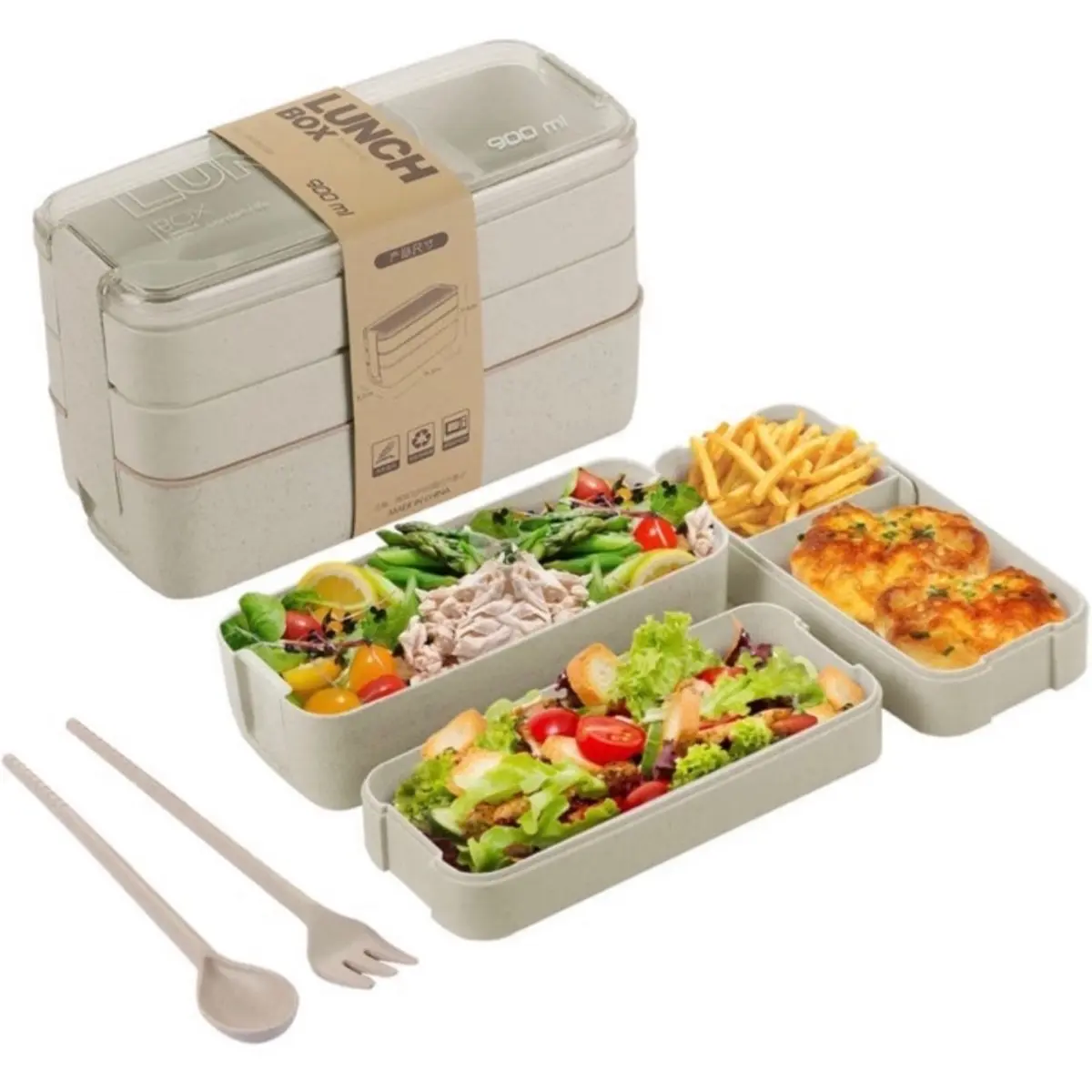 Bento Box Lunch Box for Adults Kids, AsFrost 3-In-1 Compartment Containers - Wheat Straw, Leakproof Eco-Friendly Bento Lunch Box Meal Prep Containers Microwave Safe (Beige)