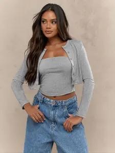 Women's Solid Crop Top & Cardigan, Casual Fashion Cozy Knitwear Set for Daily Outdoor Wear, Women Clothes for Spring Fall, Knit Sweater Set