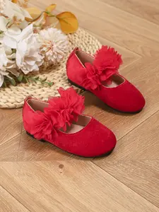 Girls' Red/Burgundy/Black Velvet Shoes with 3D Tulle Flower Decor, Round Toe Soft Non-Slip Flat Princess Shoes | Vintage Elegant Style for Daily Wear / Performance / Banquet & Formal Occasions / Flower Girl / Festivals