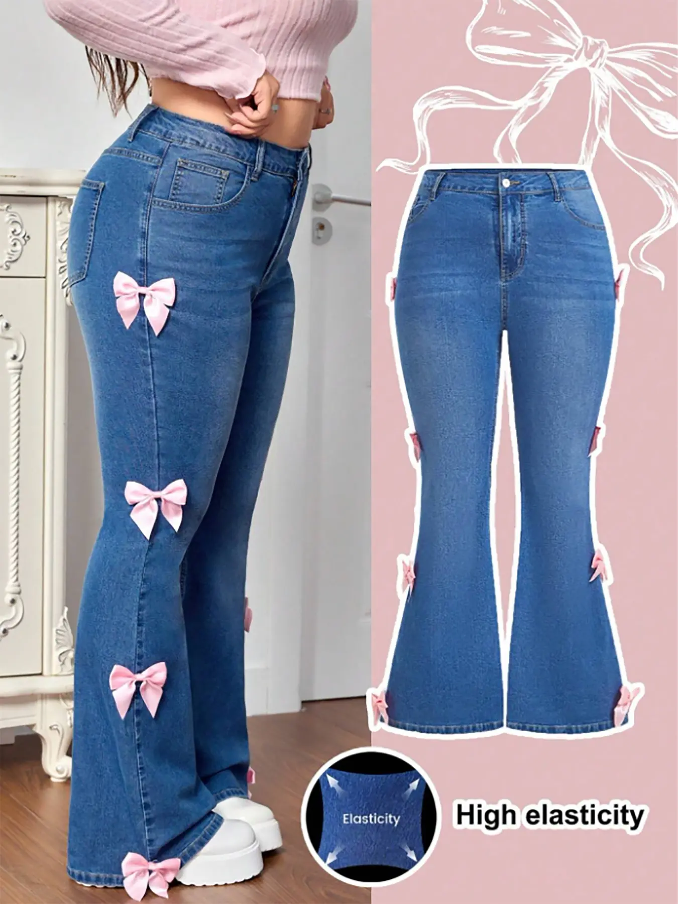 Plus Size Women's Casual Versatile Bowknot Butterfly Denim Fabric Stretchy Jeans, Pants, Comfortable High Waist Fitted Stretchy Jeans for Daily Wear & Stylish