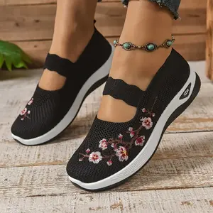 OFIREND Women's Knit Casual Shoes, Breathable Mesh Wedge Platform Slip-On Walking Sneakers, Non-Slip Shock-Absorbent Vintage Elderly Slip Ons for Daily Strolls