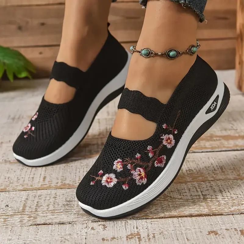 OFIREND Women's Knit Casual Shoes, Breathable Mesh Wedge Platform Slip-On Walking Sneakers, Non-Slip Shock-Absorbent Vintage Elderly Slip Ons for Daily Strolls