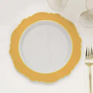 10-Pack Plastic Round Dinner Plates 10" White with Gold Blossom Design & Gold Edging - Disposable Party Plates for Modern & Sophisticated Tablescape