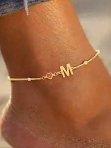 Women's Red Heart Initial Letter Anklet, Fashion Stainless Steel Bead Chain, All Seasons Jewelry Accessory