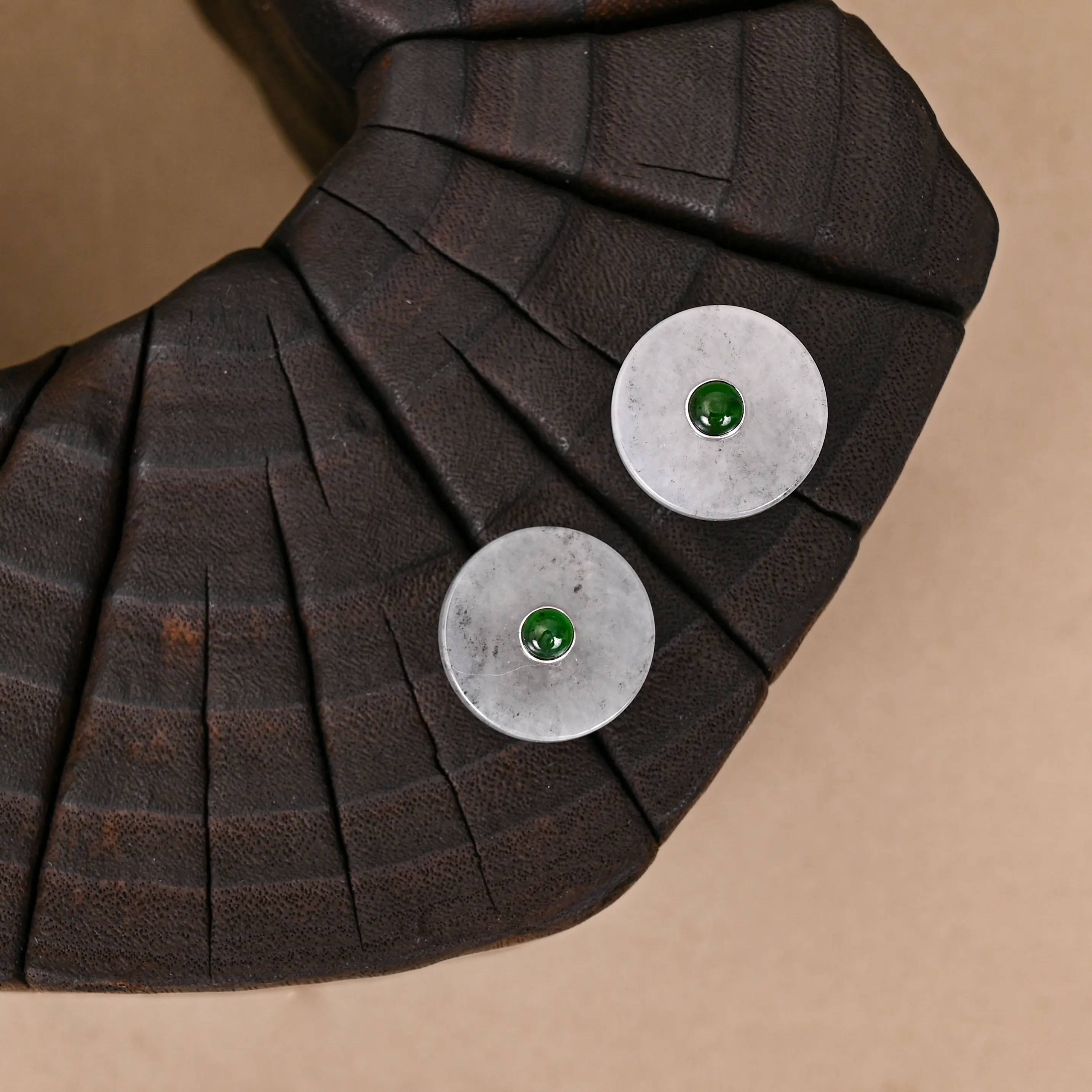 The 14k gold "Ping An" Jade Studs Earrings– Type A Burmese Jadeite Disc & Central Bezel Cabochon Concentric Earrings