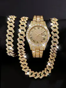 Men's Business Trendy Calendar Watch Set, Hip Hop Cuban Fashion Bracelet Necklace Matching Jewelry Set, Daily Wear, Suitable for Holidays