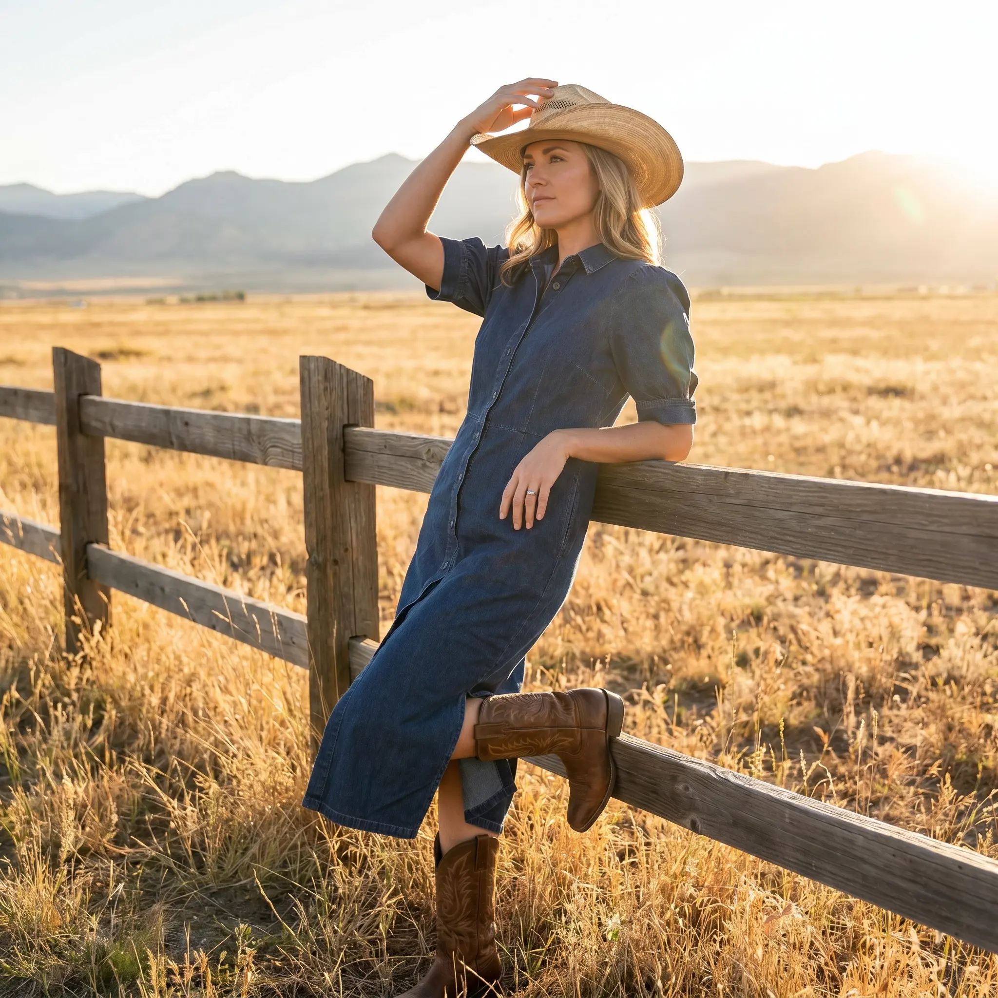 Paw Drazzel Boutique Women's Casualwear, V-Neck, Button-Up, Short Sleeve, Straight Waist, Buttonway Chambray Dress