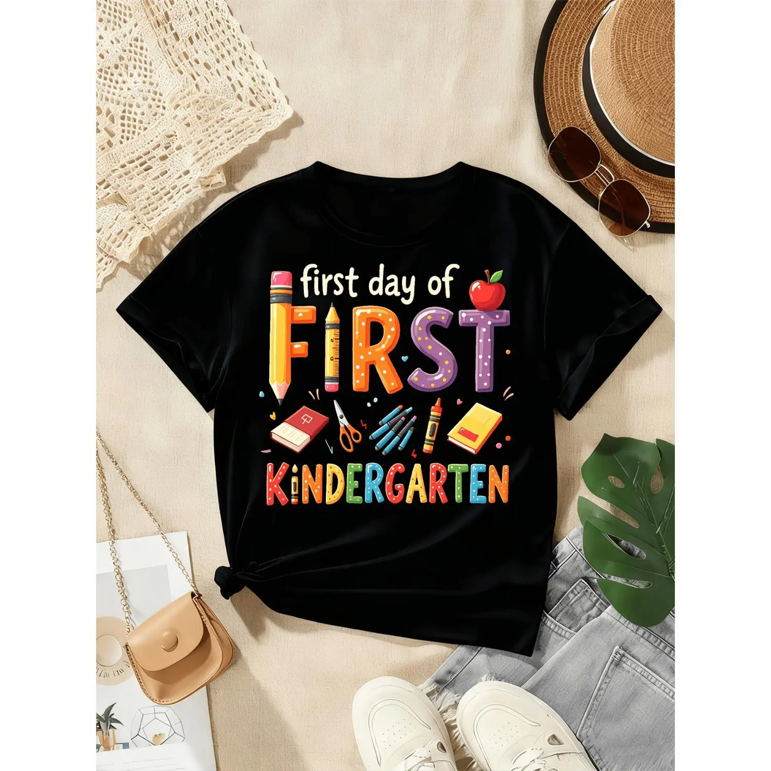 First Day of Kindergarten Boys & Girls T-Shirt | Casual Crew Neck, Short Sleeve, Slight Stretch, Printed Graphic, Regular Fit, Comfortable Everyday Wear for Kids, Cute Style