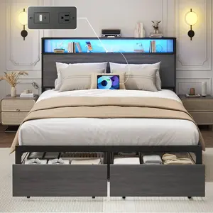 Queen & Full Bed Frame With Storage, 2-Tier Storage Headboard & Built-In Drawers, Metal Platform Bed With USB Charging Station & LED Lights, Noise Free, No Box Spring Needed, Easy Assembly,Rustic Grey