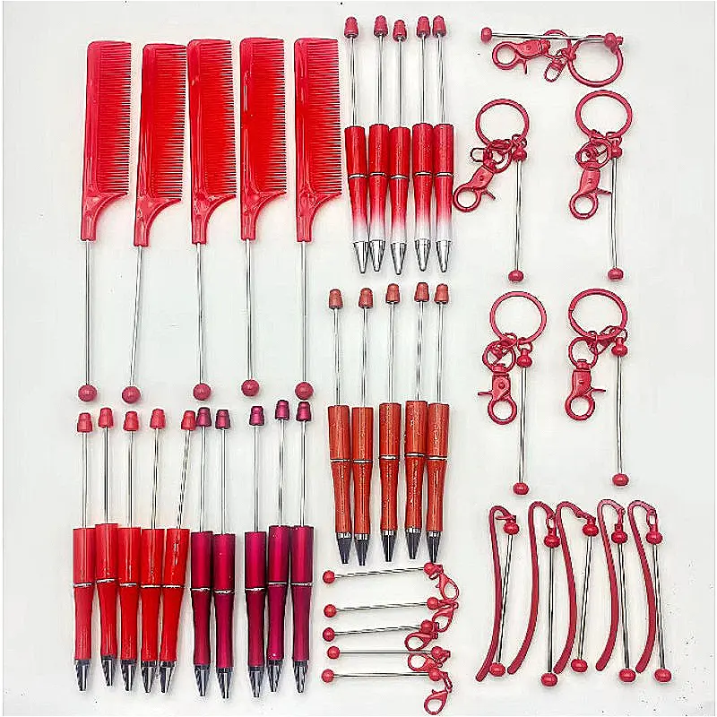 Red series beaded combination 5pcs beaded comb + 20pcs beaded pen + 5pc mini beaded keychain + 5pcs bookmark + 5pcs beaded keychain