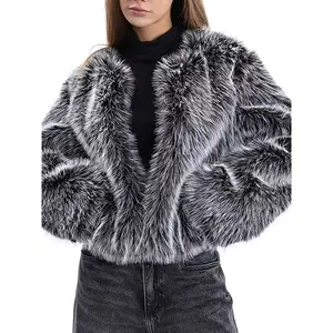 Women's Short Faux Fur Jacket - Brown Winter Coat with Pockets, Collar & Single-Breasted Closure, Hand Washable Synthetic Outerwear for Casual & Business, Short-Length Warm Coat - Fall/Winter Blazer