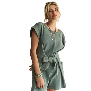 Davi & Dani Acid-Washed Waffle Knit Cuffed Sleeves Romper