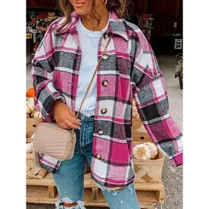 Women's Vintage Plaid Button Front Shirt Jacket, Long Sleeve Lapel Loose Fit Coat, Fall Winter Fashion Casual Outerwear