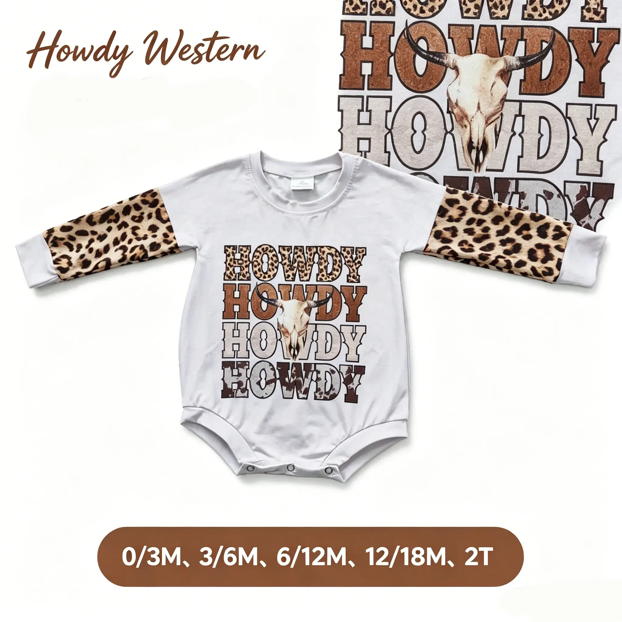 Girls' Western Soft Fabric Baby Bubble Romper - Long Sleeve, Leopard Print Sleeves, Cow Skull Design, Snap Closure, Baby Shower Gift, 0-2 Years, 2T Family Photos Outfit for Little Cowgirls