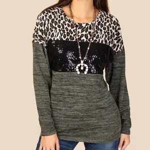 Plus Size Leopard Print Long Sleeve Top with Black Sequin Detail and Olive Green Bottom