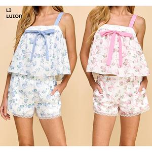 Women Floral Print Cami Top Shorts Set Square Neck Straps Lace Trim 2Pcs Pajama Suit Elastic Waist Wide Leg Bottom