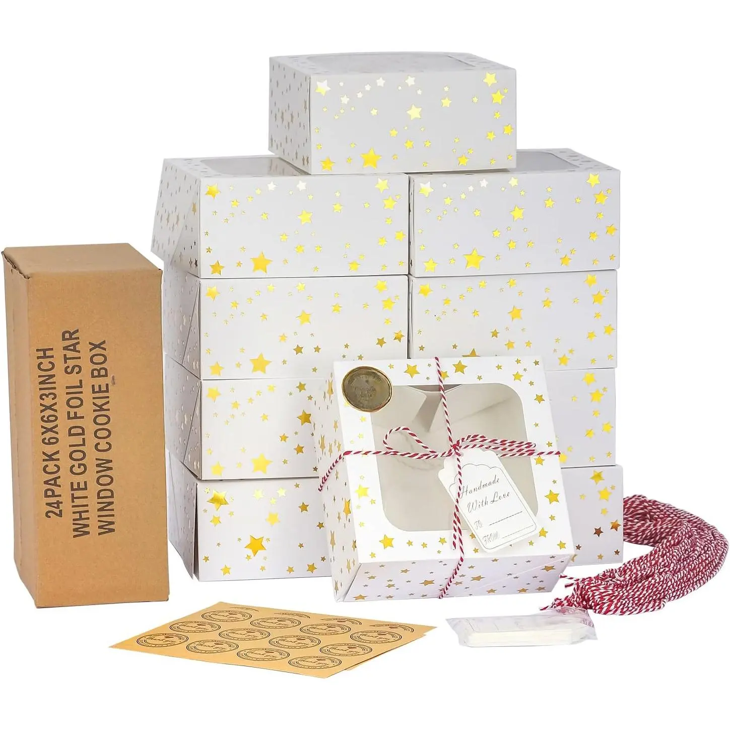 Christmas Cookie Boxes for Gift Giving Gold Foil Star White Bakery Boxes with Window 6 Inch Small Treat Boxes for Mini Cake Pastry Dessert Cupcakes Candy Donut Packaging