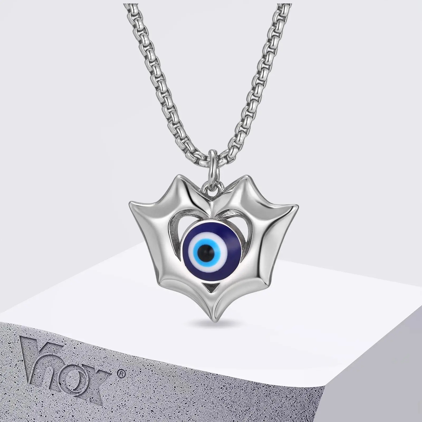 Vnox Stainless Steel Evil Eye Pendant Necklace for Men, Protection Amulet Jewelry, Mystical Turkish Blue Eye Charm Faith Gifts
