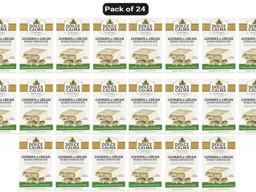 Dolce Calma Dubai Chocolate Bar Cookie (100g / 3.5oz) – Viral Authentic Handmade Belgian Chocolate with Turkish Pistachio & Crispy Kataifi, Premium Candy, Luxury Cream Kunafa Filling - Pack of 24