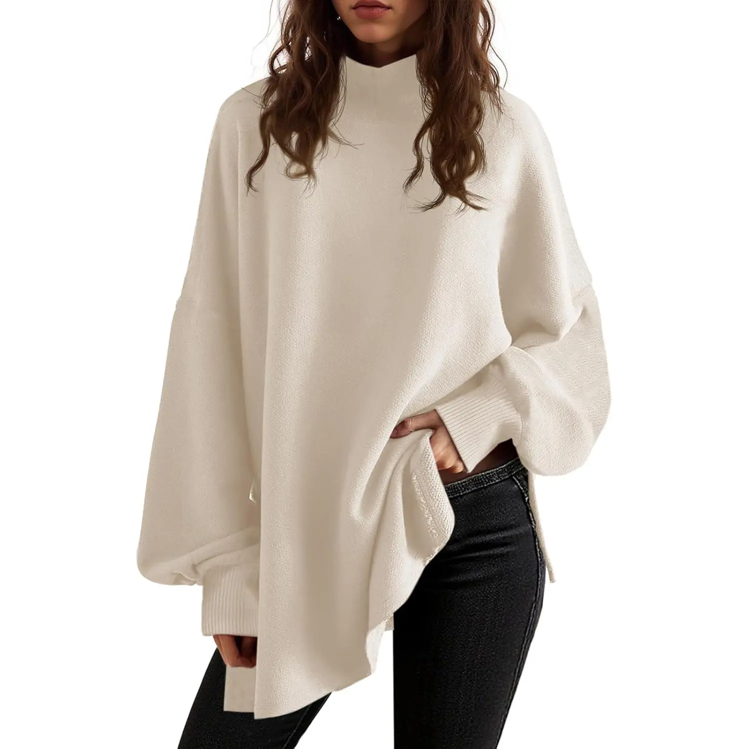 Lannew Womens Turtleneck Oversized Sweaters Puff Sleeve Side Slit Casual Knit Tunic Pullover Tops