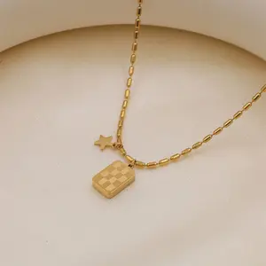 Geometric Titanium Steel Small Sugar Cube Checkerboard Collarbone Chain Necklace Pendant Necklace Girls Popular Jewelry Niche