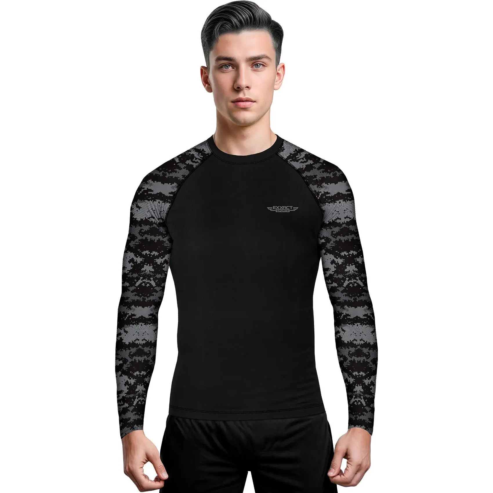 Exxact Sports Men's Long Sleeve Camo BJJ Rash Guard - Breathable Compression Athletic Activewear, Gym Clothes Workout, Lightweight Training Shirt for MMA, Wrestling, Lightweight Rash Guards, Gym Apparel, Workout Rash Guard