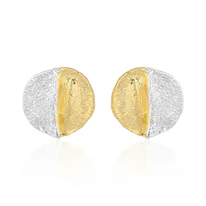 Mytys Two-Tone Silver Gold Hammered Textured Oval Stud Earrings, Irregular Hand Forged Mixed Metal Statement Earrings For Women