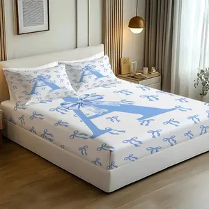 3PCS Blue Bow Initial Letter A-Z Fitted Sheet Set, Decorative Bedsheet Sets, Bedding Sheets, Ultra-Soft Microfiber with Pillowcases, Bedding Set for Bedroom & Dorm, Deep Pocket, Perfect Gift for Girly Romantic Vibe