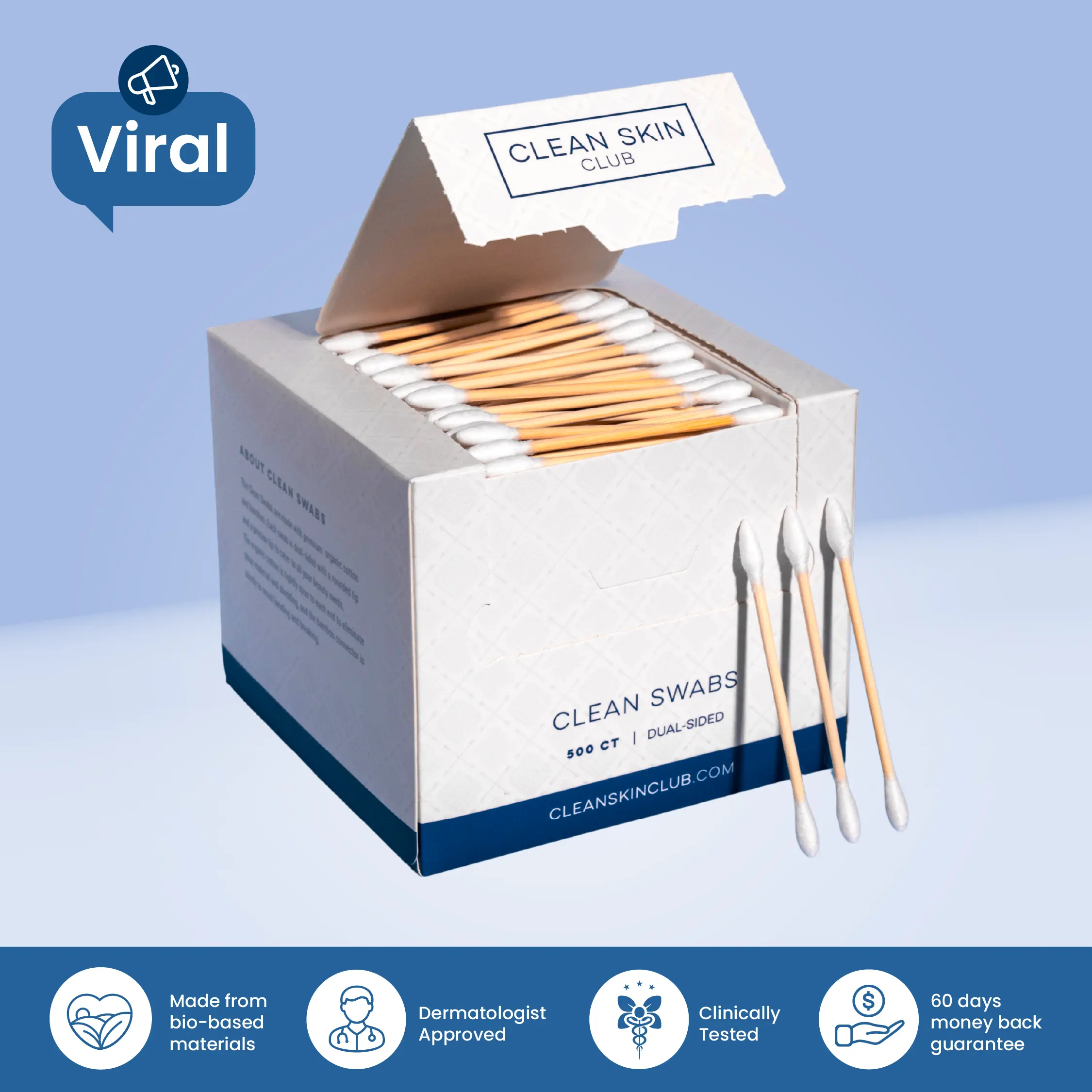 Clean Skin Club Clean Swabs 500CT Dual-Sided Precision Tip Biodegradable Organic Cotton & Bamboo Chlorine-Free Hypoallergenic Makeup & Nail Polish Touch-ups
