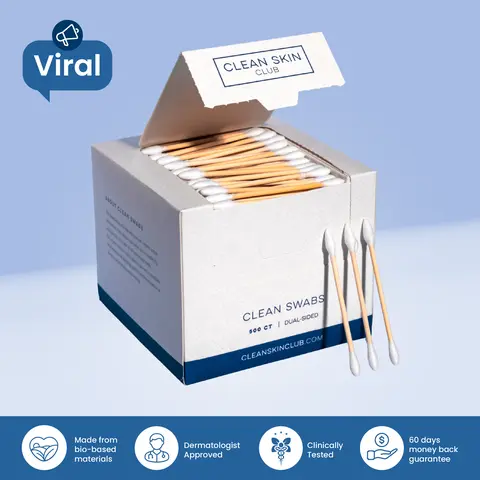 Clean Skin Club Clean Swabs 500CT Dual-Sided Precision Tip Biodegradable Organic Cotton & Bamboo Chlorine-Free Hypoallergenic Makeup & Nail Polish Touch-ups