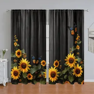 2Pcs Black Sunflower Butterfly Printed Curtains, Vibrant Floral Design, Pole Pocket Style, Semi-Sunshade Polyester Fiber, Suitable for Home Living Room, Bedroom, Balcony, Kitchen, Study and Shower Window Decoration, Accessory, Anti Priva