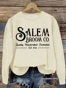 Women's Casual Salem Broom Halloween Witch Graphic Pullover, Soft Long Sleeve Round Neck Sweatshirt, All-Season Wear