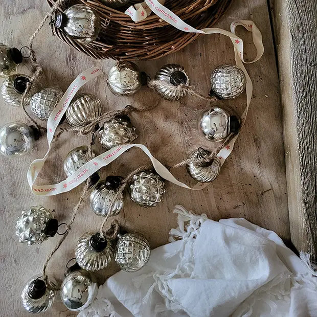 Antiqued Silver Mercury Glass Ornament Garland Christmas Decor