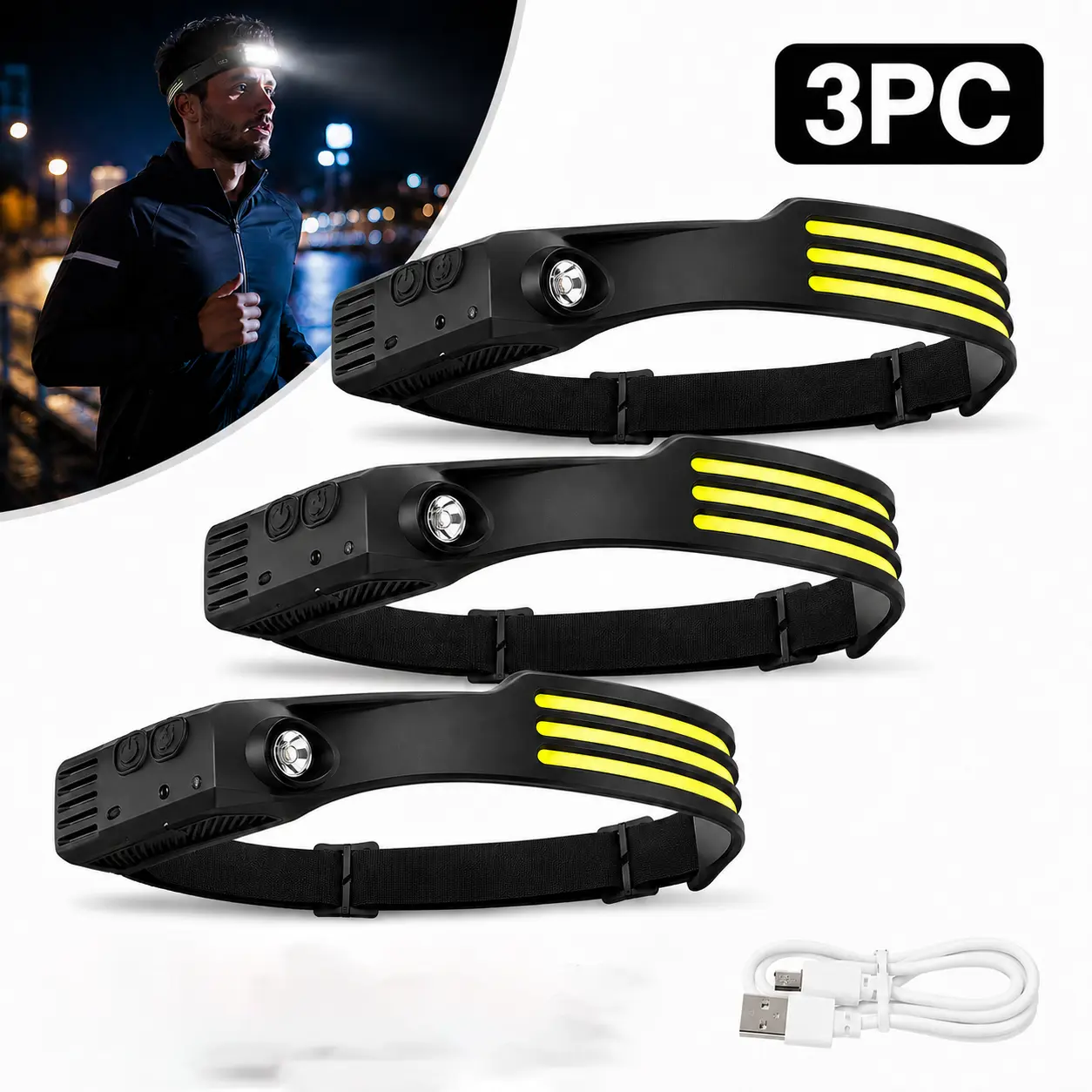 3 Pack COB LED Headlamps with Motion Sensor, 350 Lumens USB Rechargeable with 230° Wide Beam and Spotlight, Adjustable Elastic Headband for Running, Camping, Outdoor Work, Elastic Band