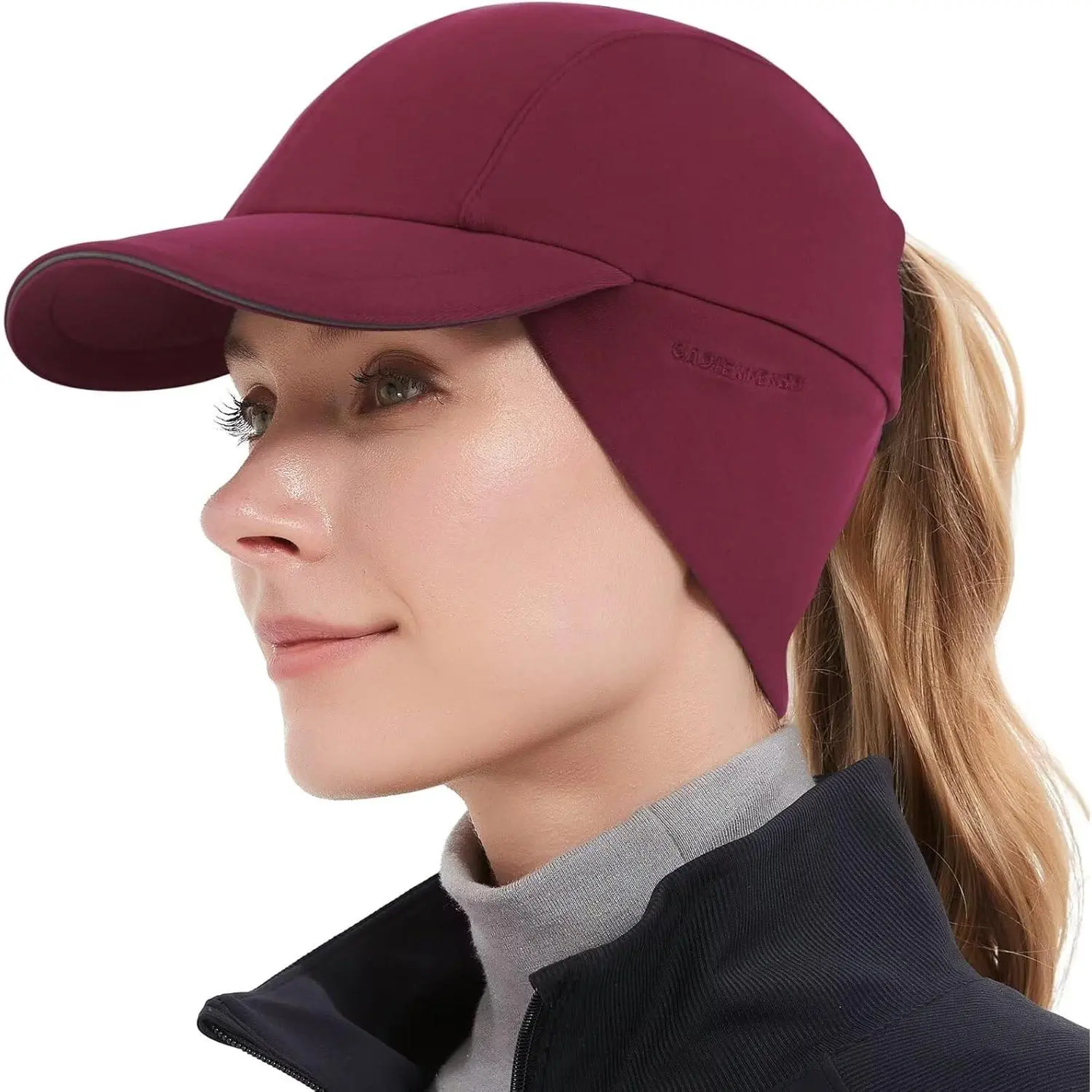 Women's Reflective Fleece Ponytail Hat with Drop-Down Ear Warmer - Fitted Winter Running Cap for Outdoor Sports, Family Day, Hand Wash Only, Birthday, Christmas, Female, Adjustable