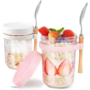 16oz - 2 Pack Overnight Oats Jars with Lids and Spoon, Overnight Oats Container with Lids, Airtigh Oatmeal Containers with Measurement Marks, Wide Mouth Mason Jars for Salad, Cereal - Pink & White