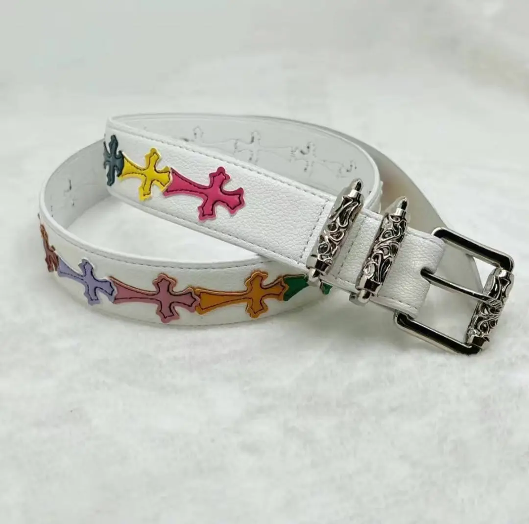 Men's White Genuine Leather Belt with Colorful Gothic Cross Applique, Silver Pin Buckle - Y2K Punk Streetwear Waist Accessory