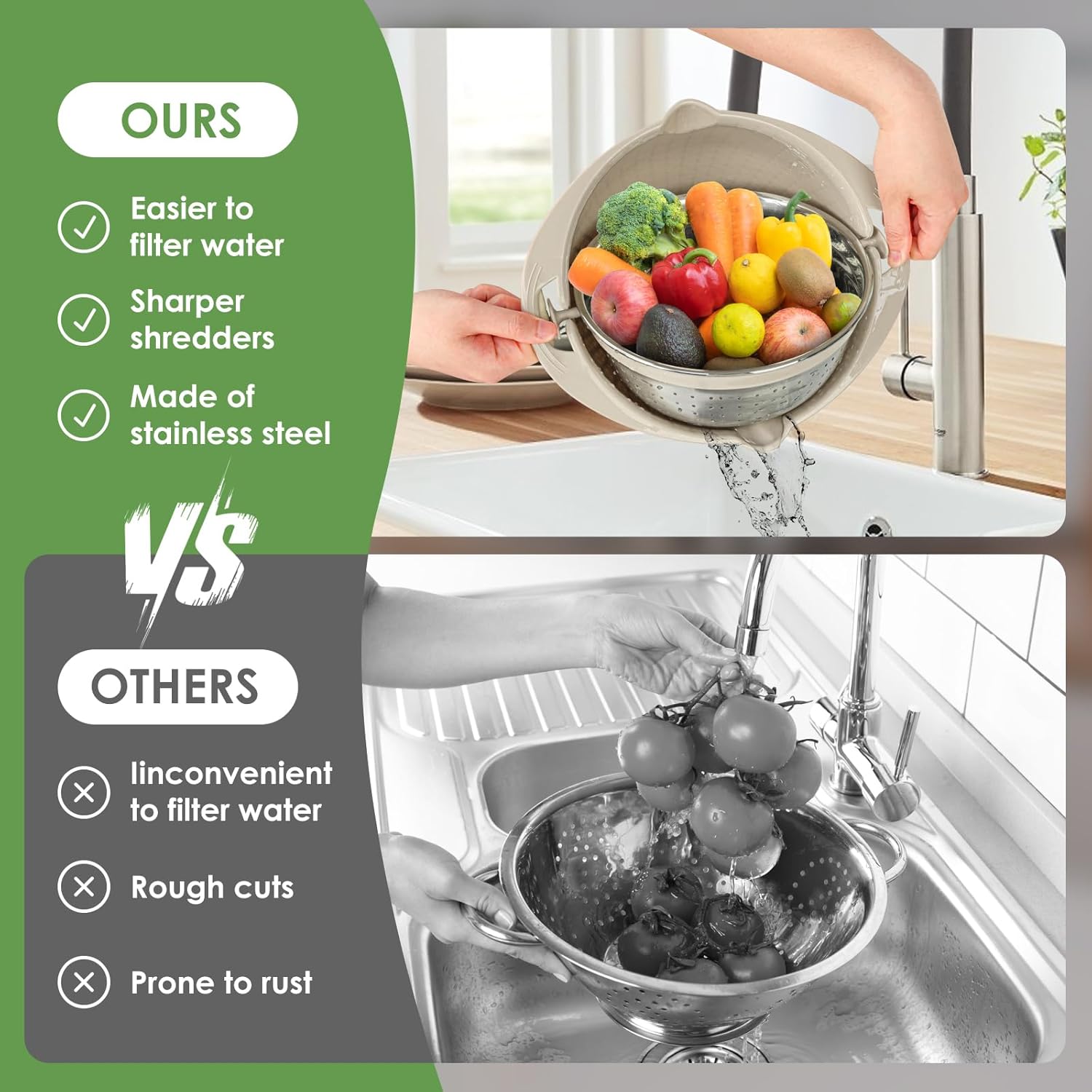 4-1 Multifunctional Kitchen Colander Bowl Set - Includes Kitchen Fruit and Vegetable Cleaner, Food Strainers, and Utensils (Beige)