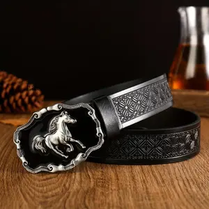 Men’s Casual Leather Horse Head Western Belt Buckle – Men’s Casual Leather Belt with Smooth PU Strap and Alloy Horse Head Design