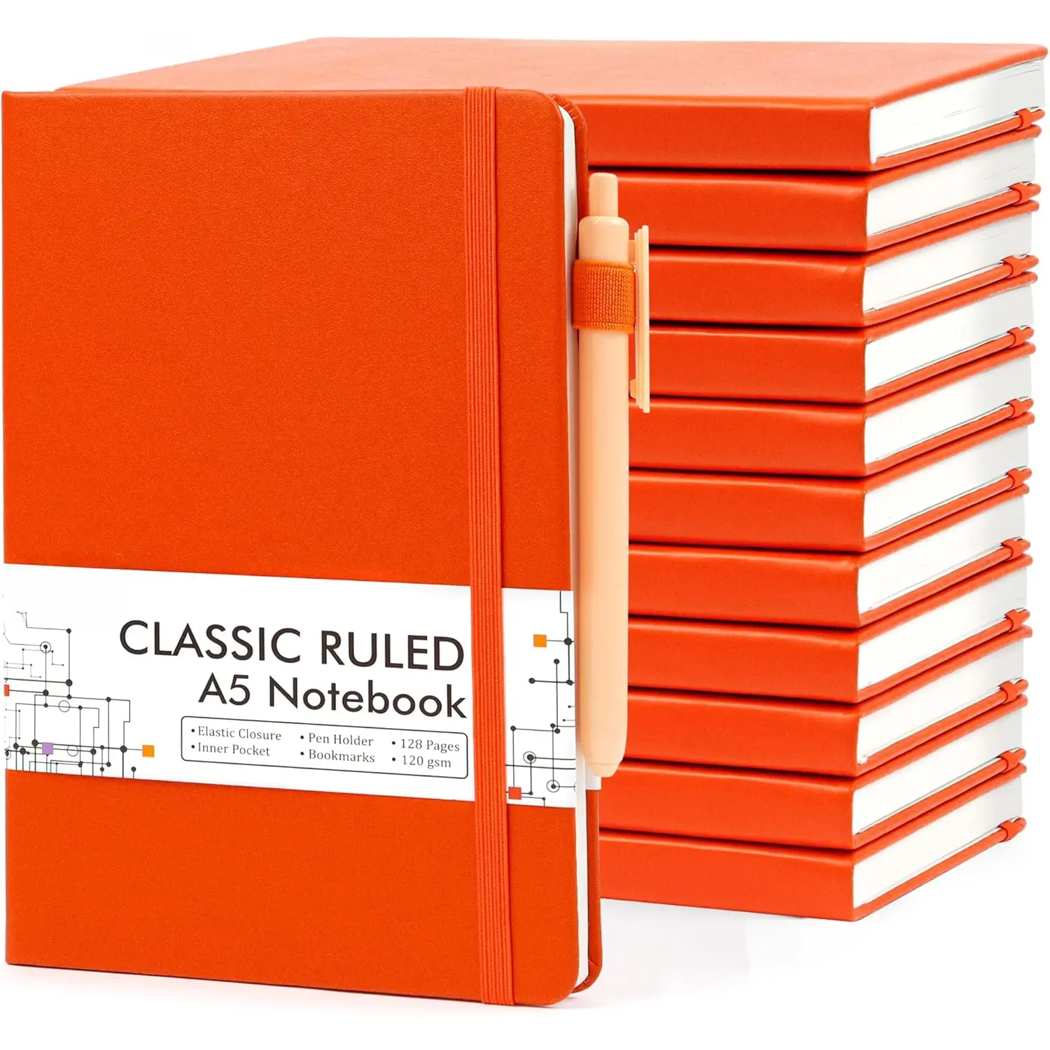 12-Pack Classic Faux Leather A5 Hardcover Ruled Notebooks - 64 Sheets/128 Lined Pages, 120 GSM Paper, 5.1"x8.3" Orange, 12 Quick-Dry Black Pens, Pen Holder for School, Business (Students)