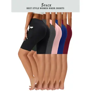 5pcs High-Waist Crescent Pocket Shorts | Stretchable & Breathable Polyester Blend, Mid-Thigh Length with Elastic Waistband for Comfortable Summer Wear, Solid Color Breathable Mesh Fabric with Pockets, Sweat-Absorbent Outdoor Fitness Athletic Shorts