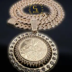 CEJEWELRY Roulette Chain 14k Gold Plated Necklace with Spinning Coin and Prong Set CZ Stones - Saint Jude Pendant