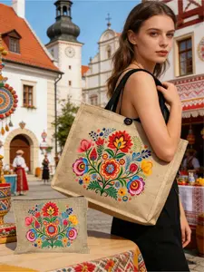 Bohemian ethnic vintage floral tote bag set, women's tote bag and wallet set, minimalist ethnic style design, Mexican-style print including tote bag and coin purse, Eastern European folk art style large-capacity women's bag, Folkloric, Cultural