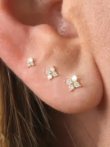 3 Pcs Mini Earrings, Earrings Set, Stud Earring Jewelry, Synthetic Zircon Flower Studs, Cute Cartoon Design, Elegant Style, Suitable for Daily Wear, Gifts, Parties