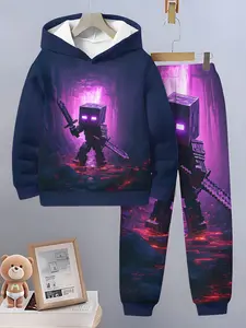Boys Spring & Fall Sports Set, Blue Cyberpunk Minecraft Hoodie and Pants Two-Piece, Casual Fitted Kids Clothing
