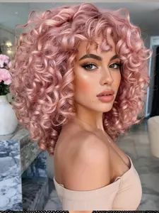 Pink Curly Afro Wig with Bangs for Black & White Women Synthetic Hair Replacement Wig Fluffy Natural Soft for Daily Wear & Cosplay