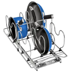 (R) Pot and Pan Organizer for Cabinet - Pull Out Pan Organizer Rack - Slide Out Pans and Pots Lid Drawer - Under Cabinet Kitchen Organization and Sliding Storage - 11" W x 21" D, Chrome